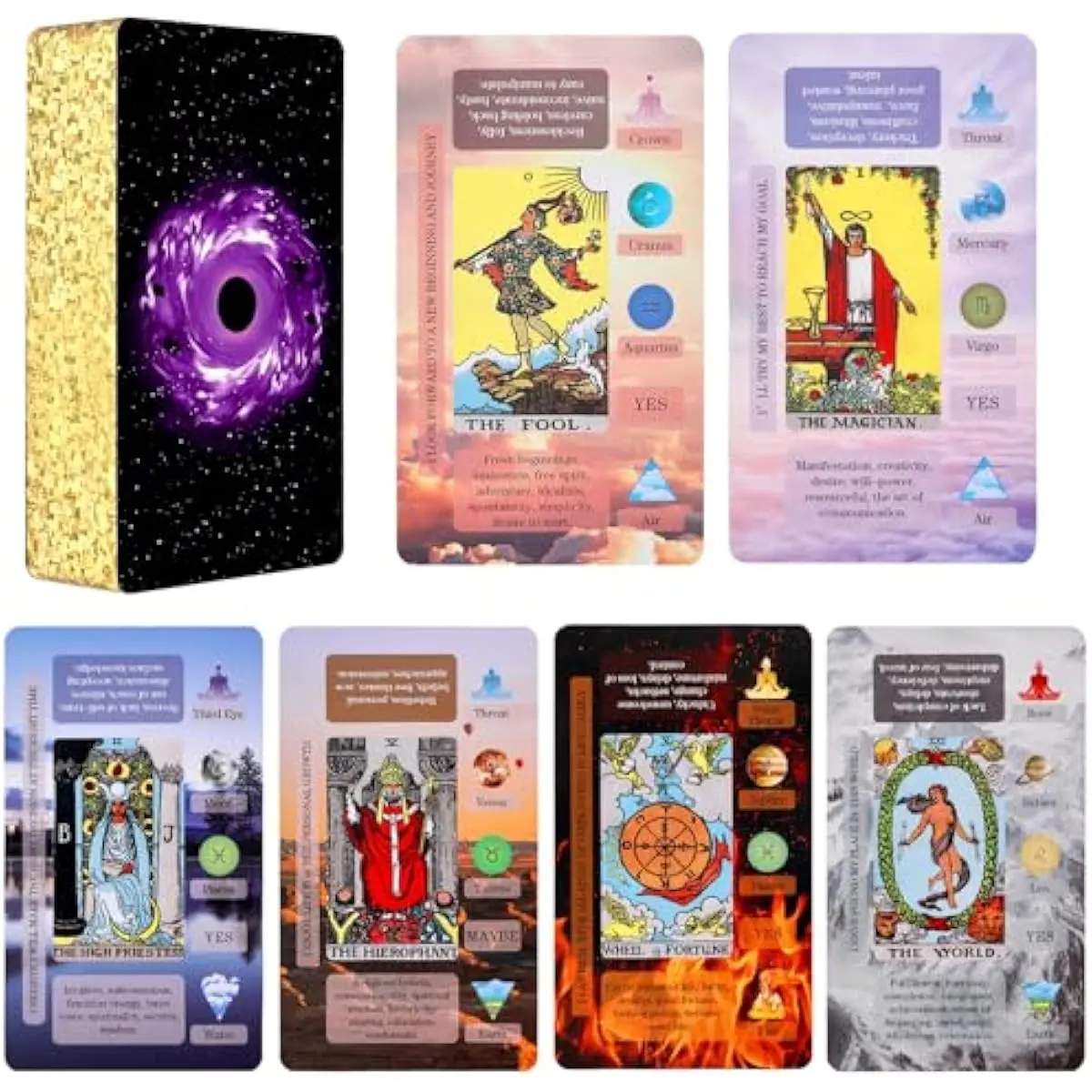 Durable Classic Tarot Card Deck Set for Beginners - Includes Chakra, Affirmation, Element, Major Arcana, Minor Arcana Meanings and Learning Reading Guidance