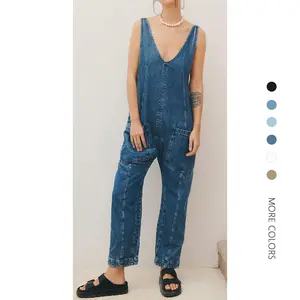 Danedvi Women's Denim Overall Jumpsuits Sleeveless V Neck Adjustable Straps Jeans Long Pants Rompers