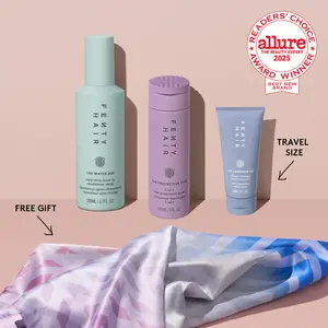 Fenty Hair Stormi Steele Staples: The Water Boi Leave-In Conditioner, The Protective Type Frizz-Smoothing Heat Protectant Styling Cream, Mini The Comeback Kid Instant Repair Treatment Bond Builder And Free Gift: Satin Scarf