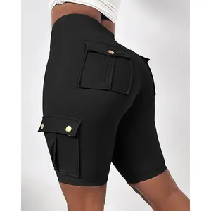 Women Tummy Control Butt Lifting Active Shorts High Waist Flap Pocket Workout Bermuda Cargo Running Shorts
