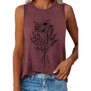 Womens Flower Print Crewneck Tank Tops Graphic Curved Hem Sleeveless Tops Summer Casual Loose Fit Shirts