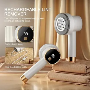 Electric Lint Remover, USB Rechargeable Fabric Razor with Digital Display, Stylish White and Gold Design, Highly Effective Clothing Lint and Pilling Cleaner, Portable and Cordless Operation for Sweaters, Coats and Textiles.