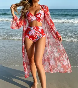 Tropical Hibiscus Print Bikini Set with Side Cutout Wrap Top & High-Waist Bottom, Available in Red and Blue - Wrap Cross-Front Bikini Top with Waist Cutouts, High-Waisted Brief, Floral Print Two-Piece Swimwear Summer Vibes