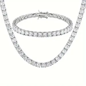 2PCS(Chain Necklace & Bracelet Set)White Gold Plated Tennis Chain Necklace & Bracelet Set with Cubic Zirconia, Men's Faux Diamond Jewelry Gifts