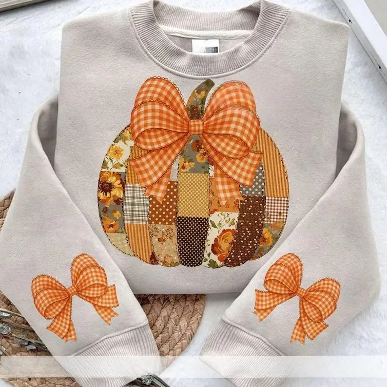 Coquette Fall Pumpkin sweatshirt – Floral Patchwork Pumpkin , Preppy Autumn pullover sweatshirt with Sleeve Prints