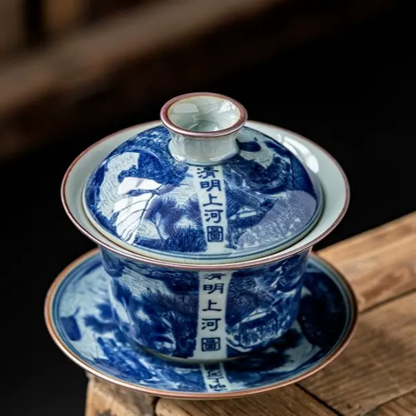 Aesthetic Vintage Handmade Clay Pottery Blue-White Ink Landscape Gaiwan, Heat-Resistant Crackle Glaze Chinese Ceramic Kung Fu Tea Bowl with Lid, Traditional Craftsmanship Tea Set for Qingming Festival Use
