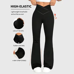 Soft Stretch Crossover Waist Flared Trousers Women Breathable Bootcut Fitness Pants Yoga Gym Activewear outdoorfun