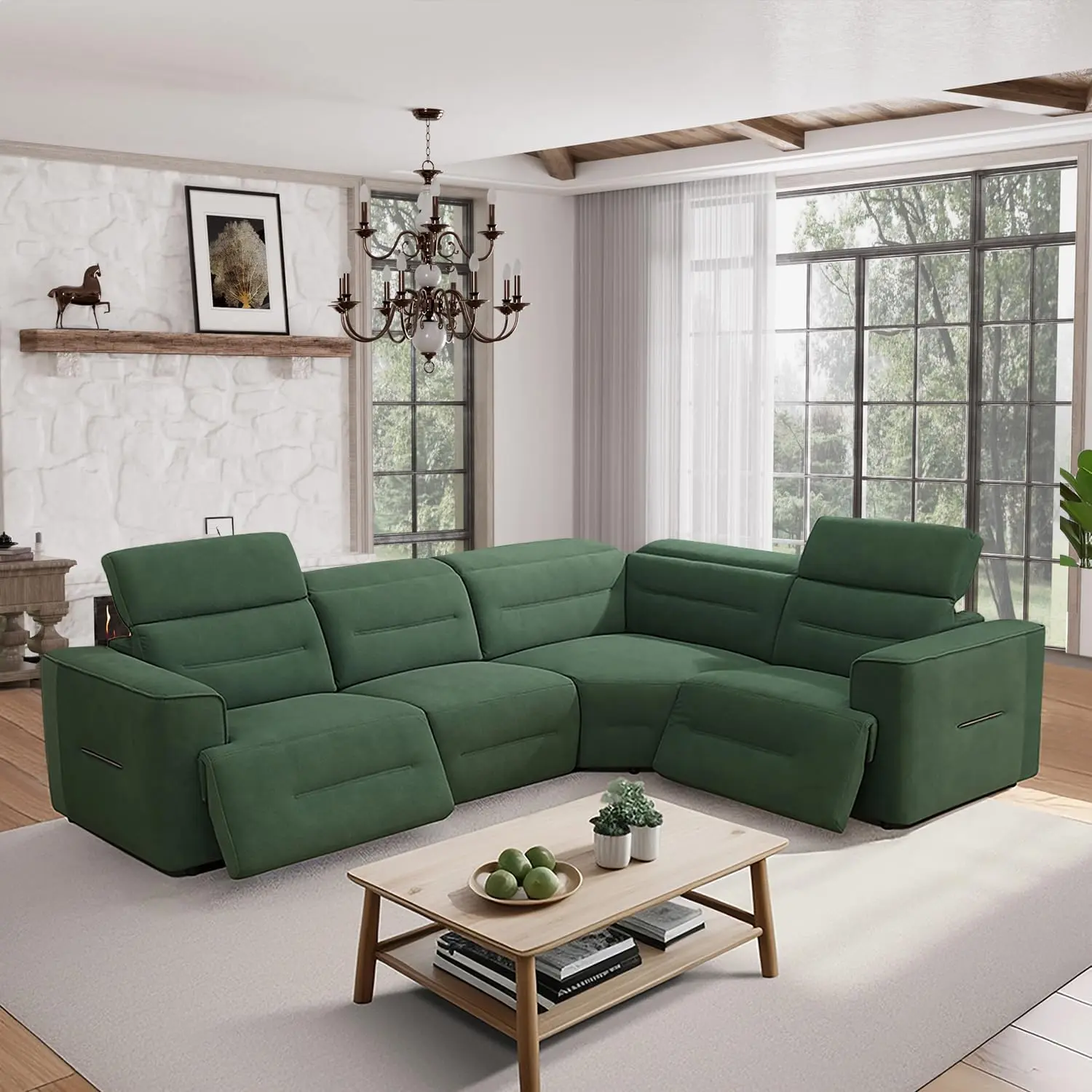 Power Recliner Sectional Sofa Beige & Grey Plush with Storage Console USB LED Lights for Modern Living Room Comfort