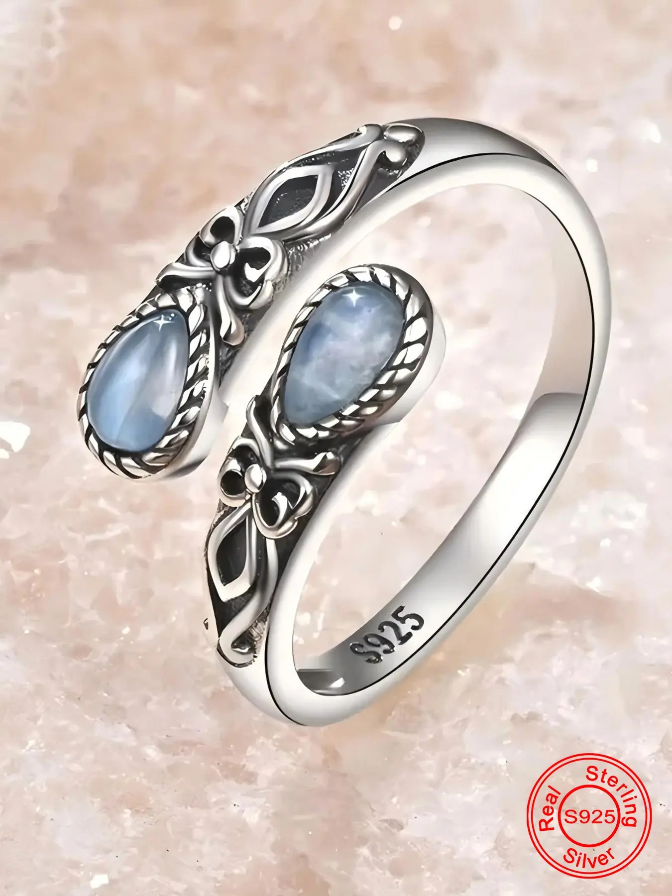 Women's S925 Silver Moonstone Gem Spoon Ring Unique Spoon Shape, Beautiful Rings, Bohemian Style Butterfly Design Adjustable Fit Finger Ring, Daily Wear & Gift, Boho Statement Ring