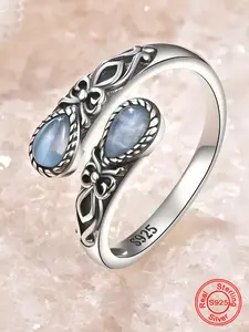 Women's S925 Silver Moonstone Gem Spoon Ring Unique Spoon Shape, Bohemian Style Bohemian Aesthetic Butterfly Design Adjustable Fit Finger Ring, Fashion Accessory for Daily Wear & Gift, Adjustable Rings, Boho Style Rings