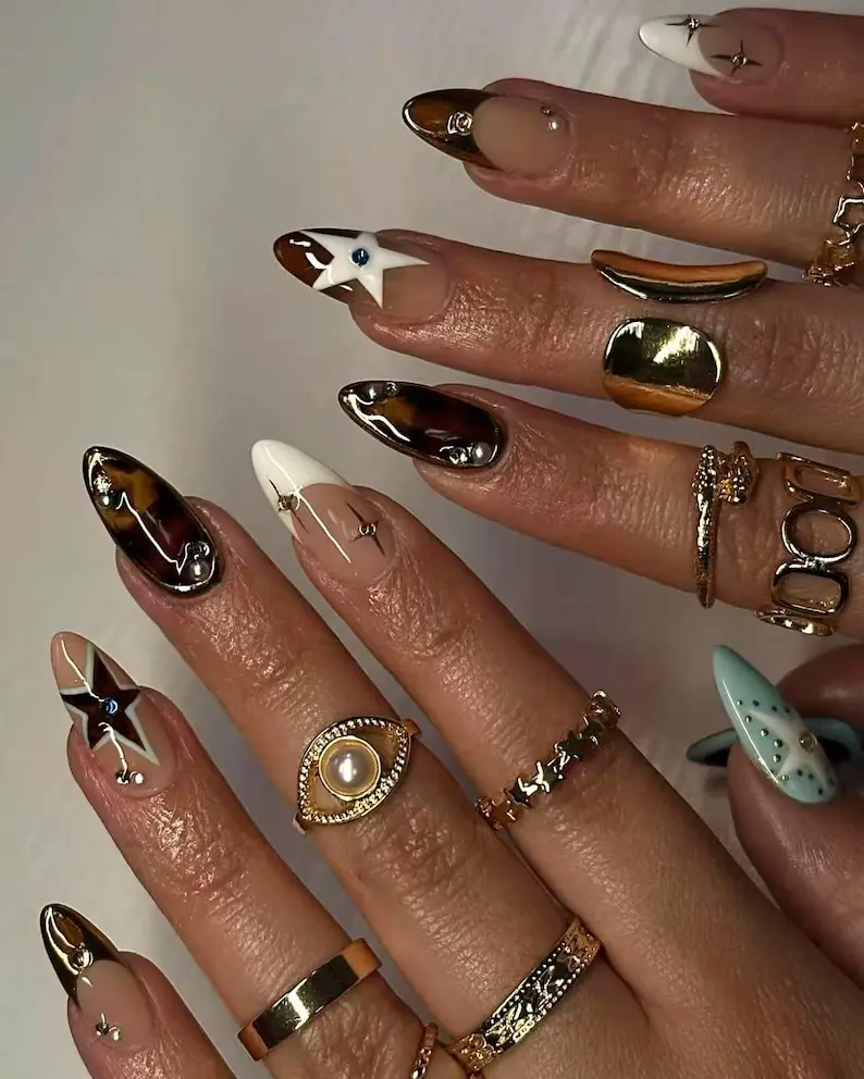 Midnight Rodeo Press On Nails, Tortoise Shell & Gold French Tips, Western Star Nail Art, Luxury Brown Almond Nails, Boho Glam Press Ons