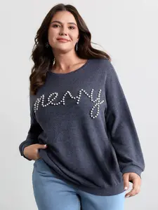 BloomChic Women's Plus Size Beaded Detail Sweatshirt - Lady's Long Sleeve Garment, Spandex Fabric Tops, Extra Long Drop Sleeves, Round Neck, Fitted, Medium Length Indigo Winter Casual Top [M-6X] Womenswear Tops Swimweek Tops