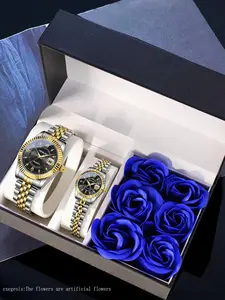 2-piece quartz watch set for couples, featuring a dazzling starry sky and rose design in a romantic and business-style gift box, a versatile and fashionable trendy gift box set