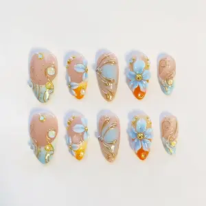Press-On Nails, Long Almond Shape, Elegant Orange Holiday & Mint Green Designs, Customizable for Summer Vacation, Beauty Nail Art Accessories