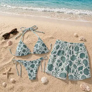 [Hot Summer 2026 Matching Set] Matching Beach Bikini & Swim Trunks Set – Seashell Print Couples Swimwear, Coastal Summer Vacation Outfit