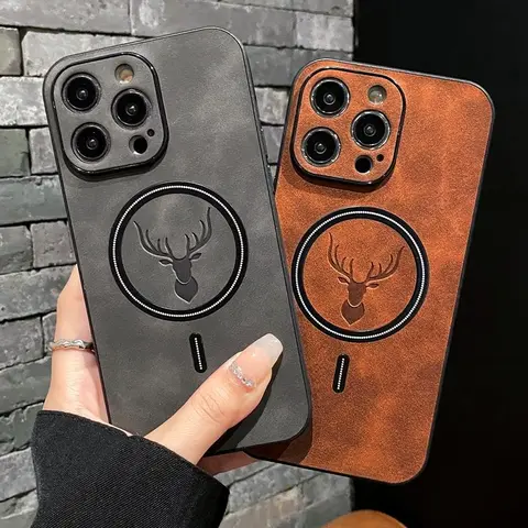 Luxury Wireless Deer Cortex MagSafe Cellphone Casing, Magnetic Bumper Accessory with Protector for iPhone 16,15,14,13,12,11 Pro Max Plus Devices & Accessories