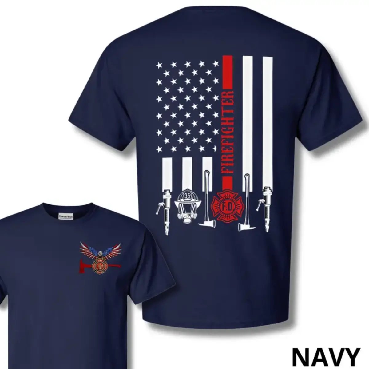 Firefighter American Flag T-Shirt, Patriotic Fire Rescue Tee, Thin Red Line Style Shirt, Firefighter Tools Graphic Tee, Soft Cotton Blend Gift for Firefighters