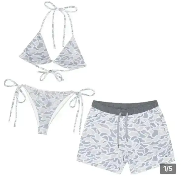 Matching Couple Camo Swimwear Set - Camouflage Bikini & Men's Swim Trunks, Sexy Two-Piece Bathing Suit, Summer Beach Vacation Outfits, Trendy Camo Print