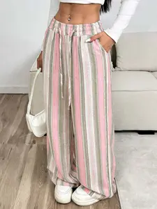 tiktokshopspringglowup "Trendy Striped Wide Leg Pants | High Waist Drawstring Trousers with Side Pockets, Lightweight Breathable Fabric, Casual Y2K Streetwear for Women, Perfect for Spring/Summer Outfits"