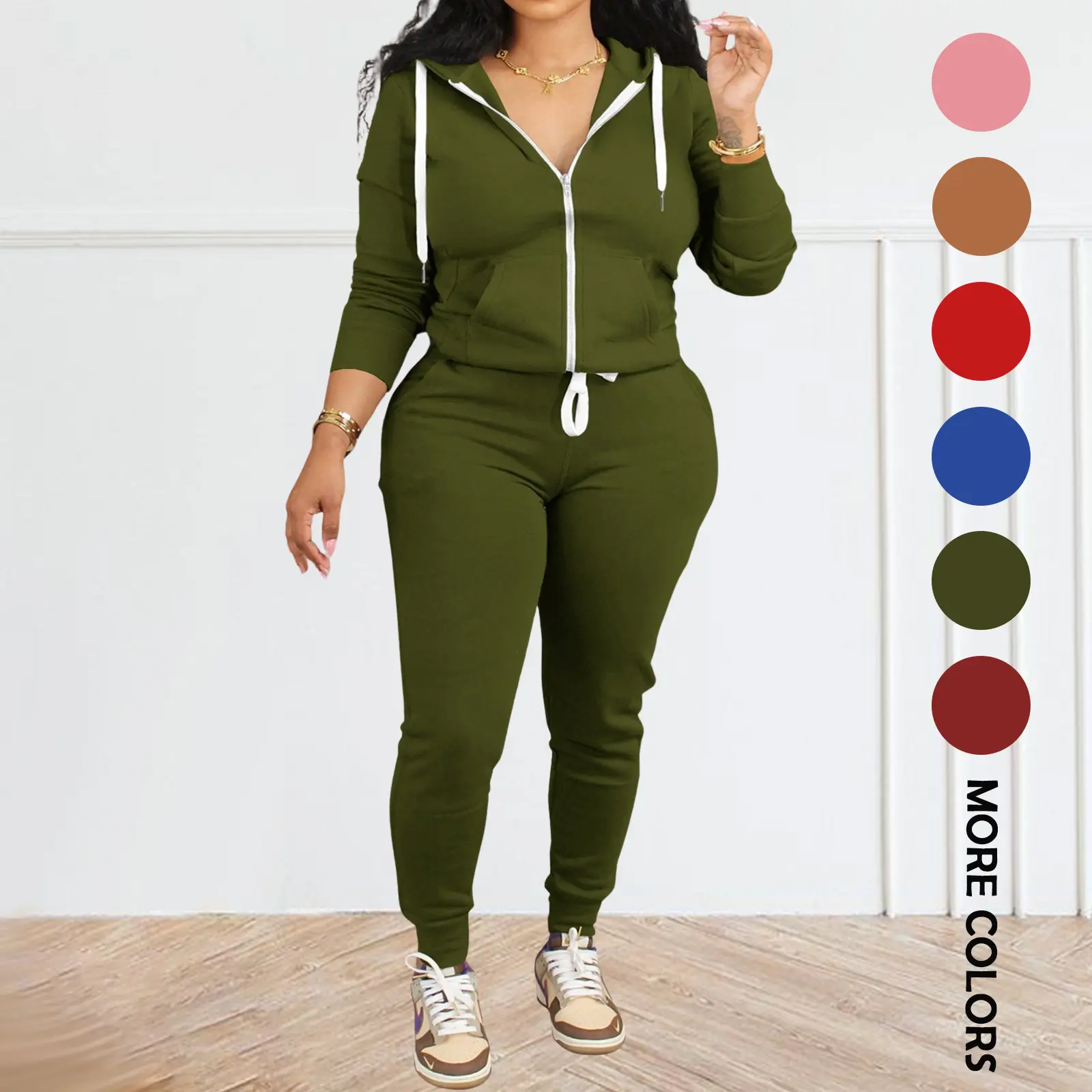 Women's 2-Piece Color Contrast Sweatsuit Set - Long-Sleeve Full-Zip Hooded Jacket, Drawstring Jogger Pants for Curvy Plus-Size Casual Loungewear