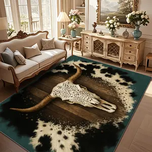 Large Bull Skull Western Home Decor Mat - Non-Slip, Soft-Textured Crochet Weave Rustic Statement Piece for Living Room, Indoor/Outdoor Use