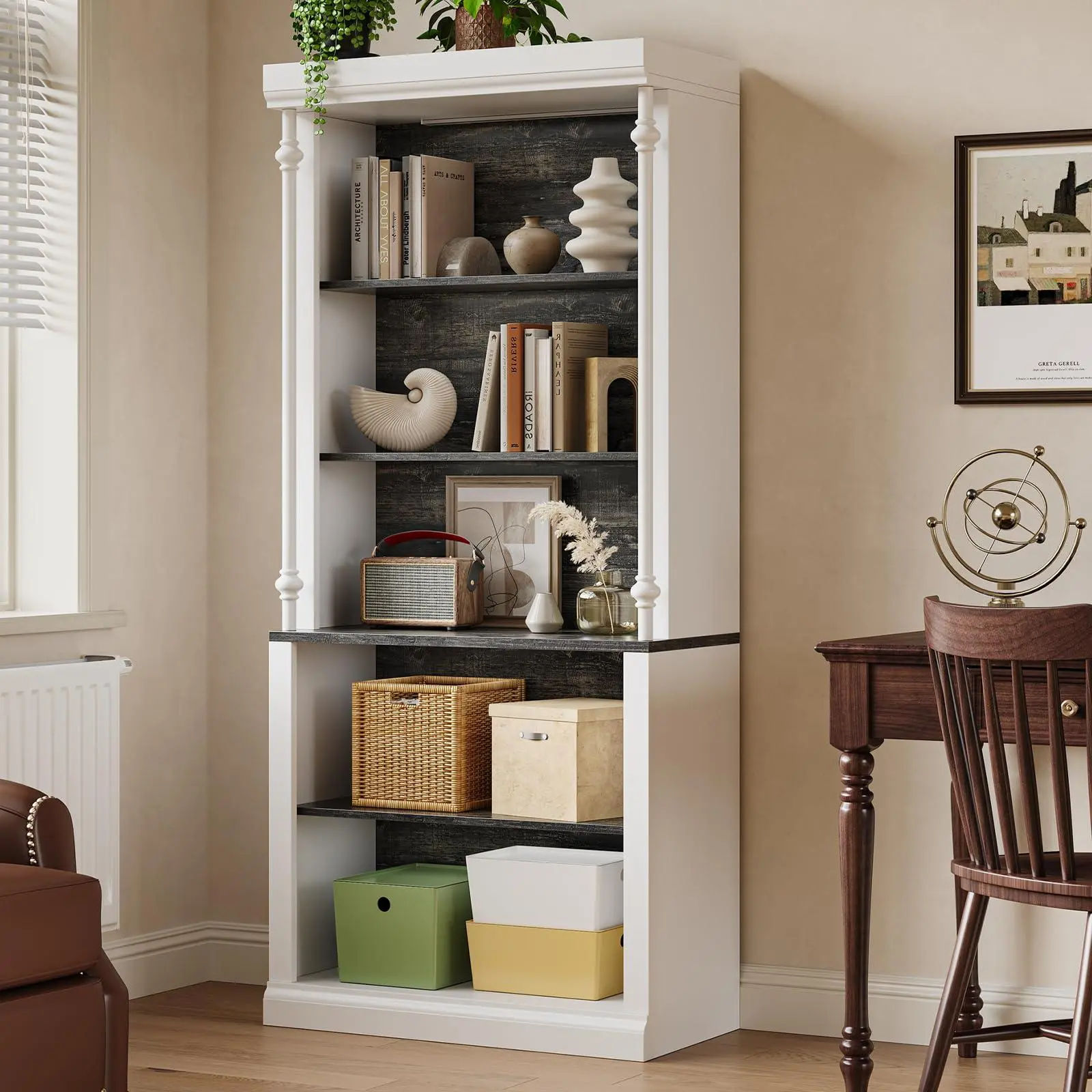 GARVEE 5-Tier Sturdy Base Bookshelf with LED Lights, Adjustable Shelves, Roman Column Display Bookcase for Living Room, Bedroom, White, Five Tiers