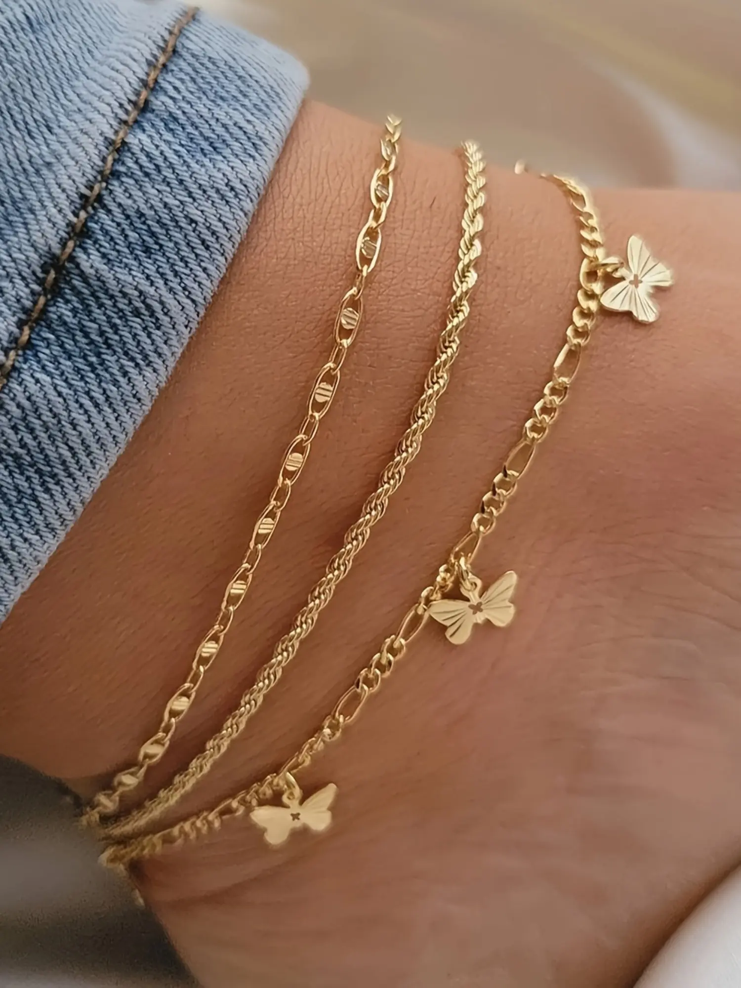 3-Piece Retro Boho Butterfly Bead Multi-Layer Chain Ankle Bracelet Set, Casual Copper Anklets for Summer Parties, Fashion Gift for Girls, Gift Jewelry, Trendy Fashionable Accessories, Wearable Jewelry