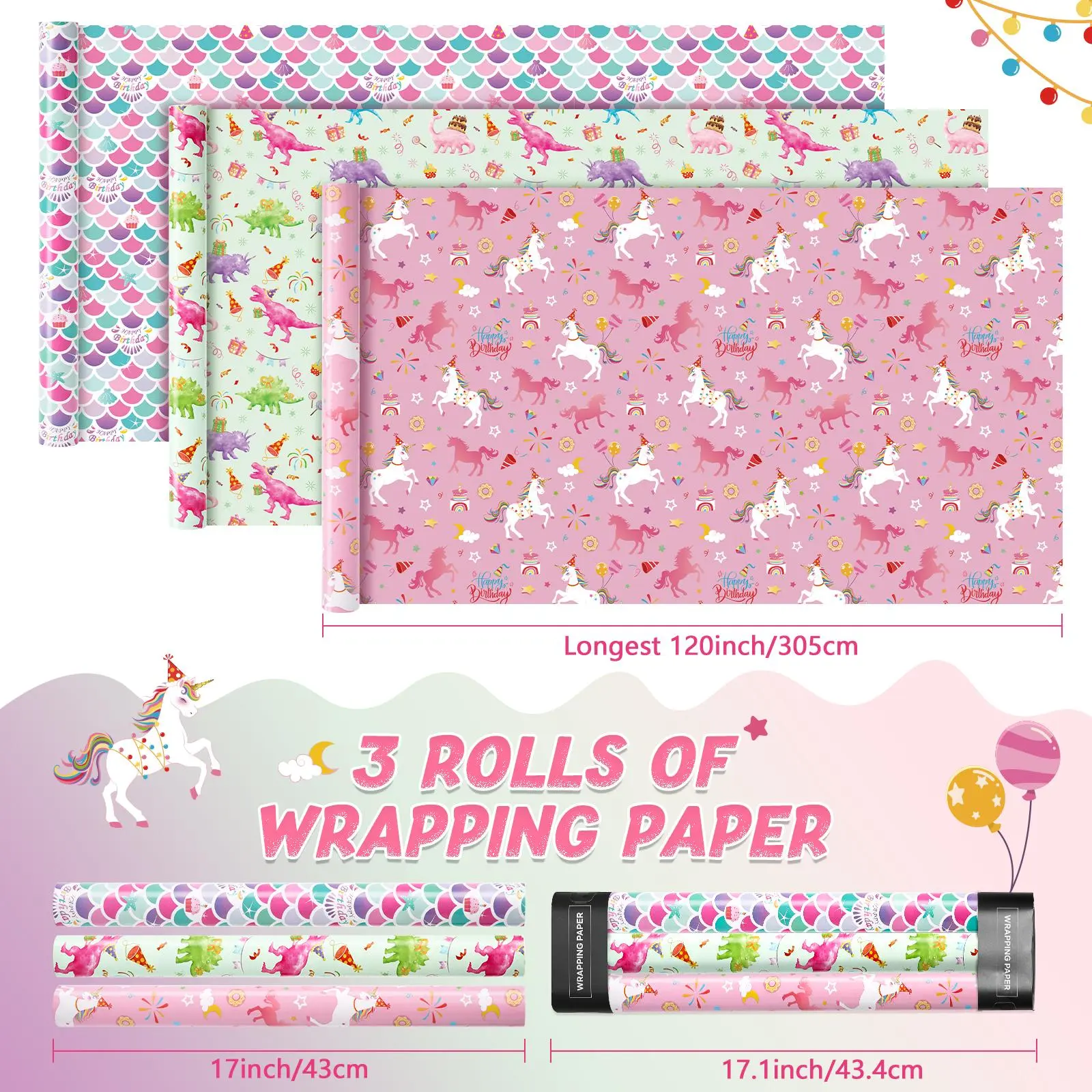 WERNNSAI Girls' Birthday Wrapping Paper, 3 Rolls 3 Different Designs Value Pack, Cutting Lines for Easy Wrapping, 17" x 120", Kitty Unicorn Dinosaur Flamingo Puppy Butterfly Princess Rainbow Themes, Gift Wrap for Kids Birthday Baby Shower Party Supplies