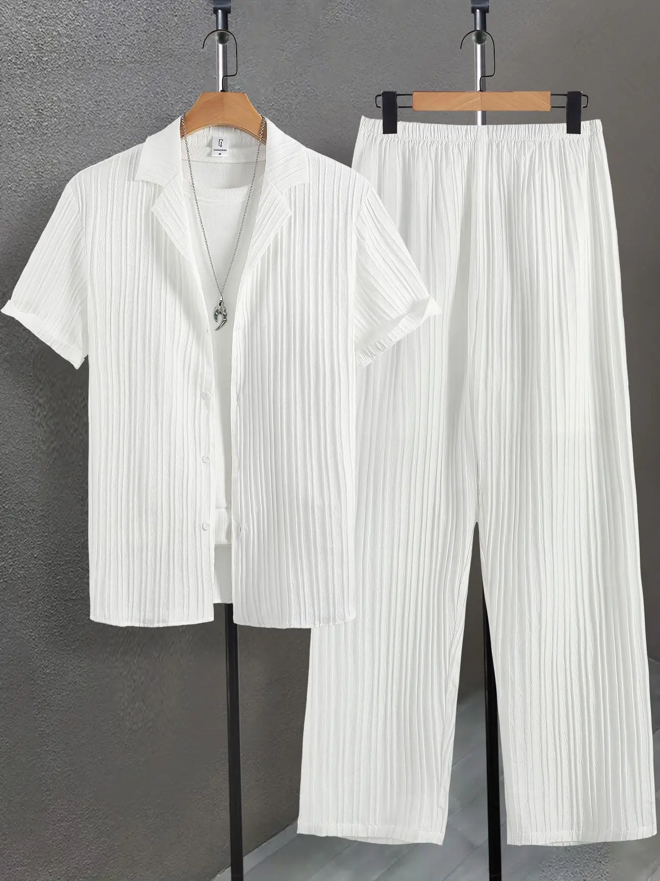 Men's Plain Textured Loungewear Set, National Day Offers, Casual Short Button Front Shirt & Elastic Waist Pants without Tee & Necklace, Men's Sleepwear Pajamas for All Seasons