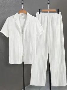 Men's Plain Textured Loungewear Set, National Day Offers, Casual Button Front Shirt & Elastic Waist Pants without Tee & Necklace, Men's Sleepwear for All Seasons