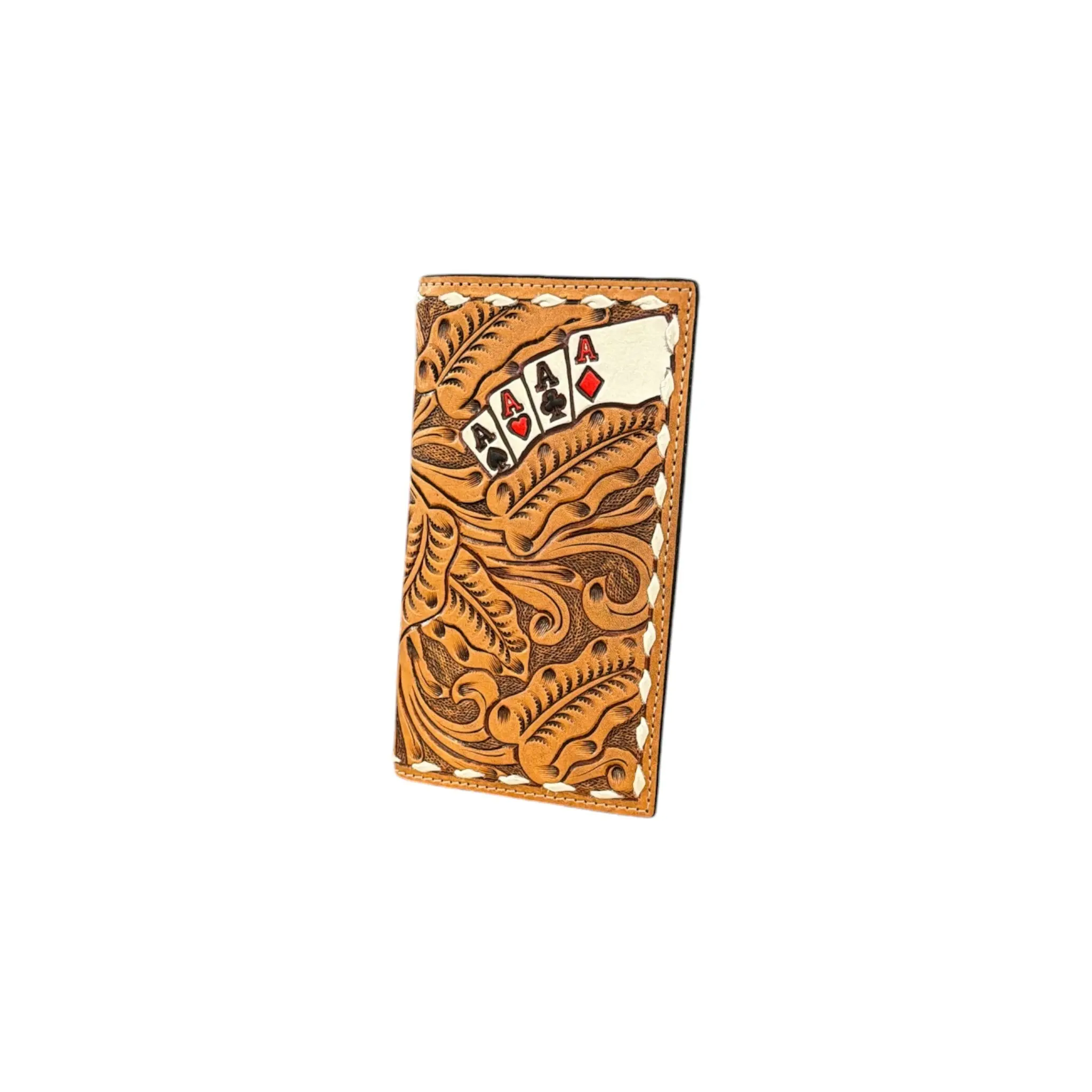 Men's Western Rodeo Wallet, Hand-Tooled Genuine Leather with Floral & 4 Aces Pattern, Tall Slim Profile with Card Slots & Buck Lace Edge, Men's Accessories, Cowboy Stuff, Western Enthusiasts, Mens Wallet, Everyday Carry, Tooled Leather, Floral Tooling