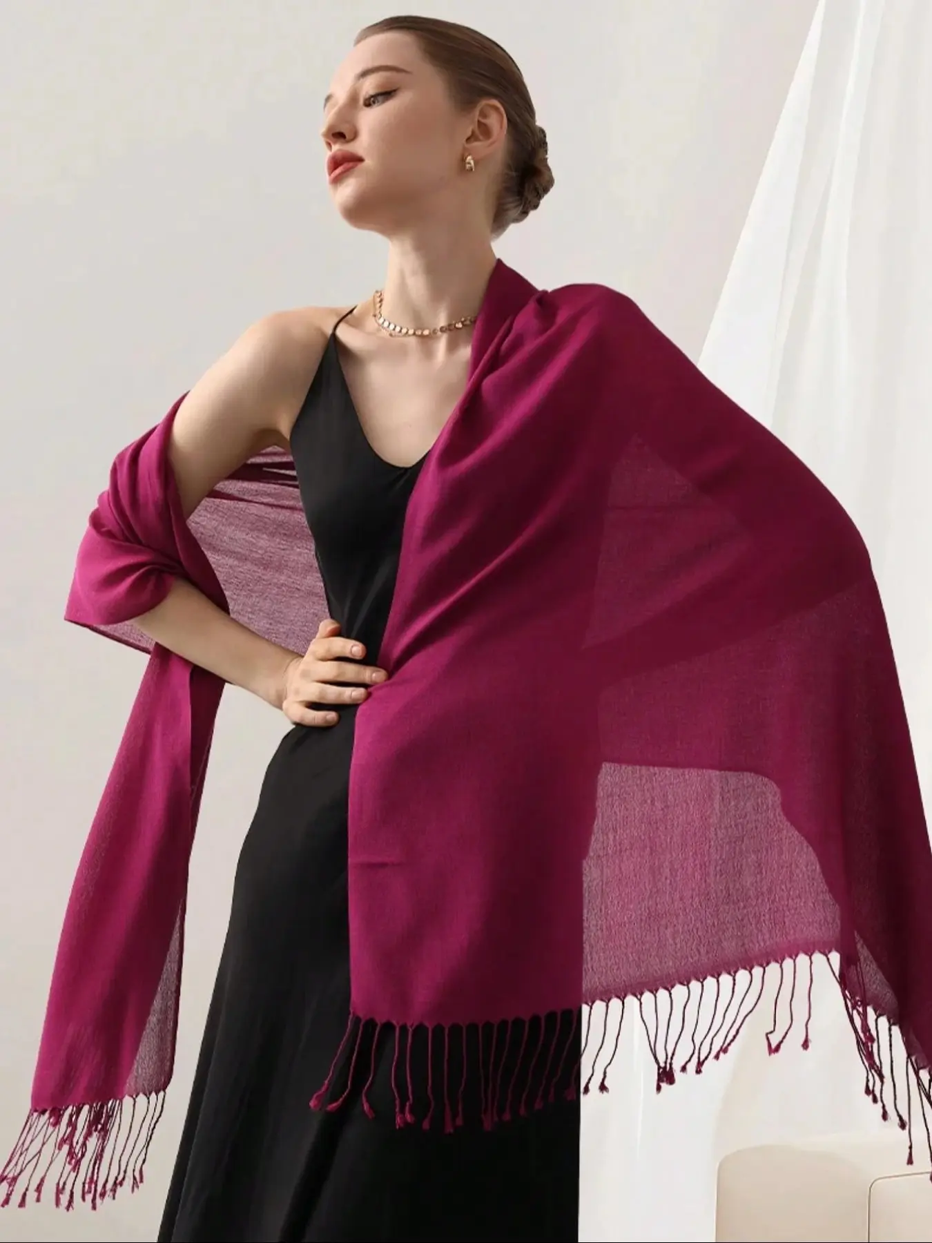 1pc Women 70*190cm Faux Cashmere Long Fringe Scarf Wrap, Minimalist Elegant Air-Conditioner Fringe Trim Polyester Shawl Soft Breathable Warm Scarf, Suitable For Daily Outings, Dates, Sun Protection, Warm, All Seasons Use Headscarf