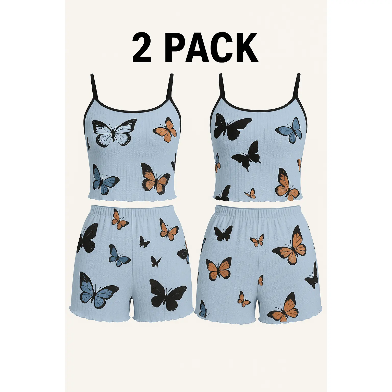 Women's Sleeveless Butterfly Print Pajama Set - Lettuce Trim Cami Top, Elastic Waistband Shorts, Comfortable Fashionable Sleepwear Loungewear Suitable for Home & Outdoor Use