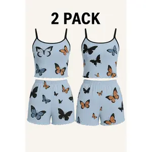 Butterfly Print Pajama Set Lettuce Trim Cami Top  Elastic Waistband Shorts Women  Sleepwear Loungewear Women's butterfly printed pajama set, comfortable and fashionable camisole vest shorts, home clothes can be worn outside