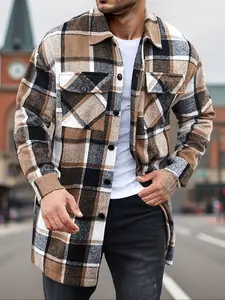 Men's plaid check long coat, Long Sleeve, with a buttoned lapel, loose fit, front button pockets, suitable for daily wear in autumn and winter, comfortable and warm, men's trench coat, Jackets, autumn and winter, Menswear