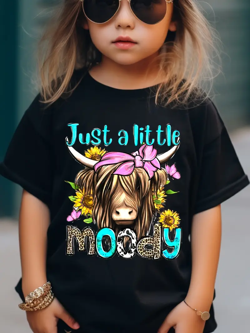Girls' Cotton T-shirt With Cow Head Pattern Print And Letter Print For Comfortable And Casual Round Neck Short Sleeves