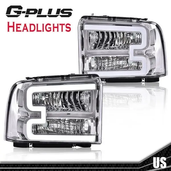 G-PLUS LED DRL Headlight Assembly with LED Front Lights & Truck Lights Exterior, Clear/Chrome for 2005-2007 Ford F250 F350 F450 F550