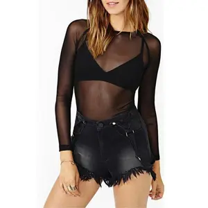 Black Fully Transparent Mesh Base Shirt for Women, Long Sleeve Sexy Sheer Thin Mesh Top, Super Elastic Sheer Garment