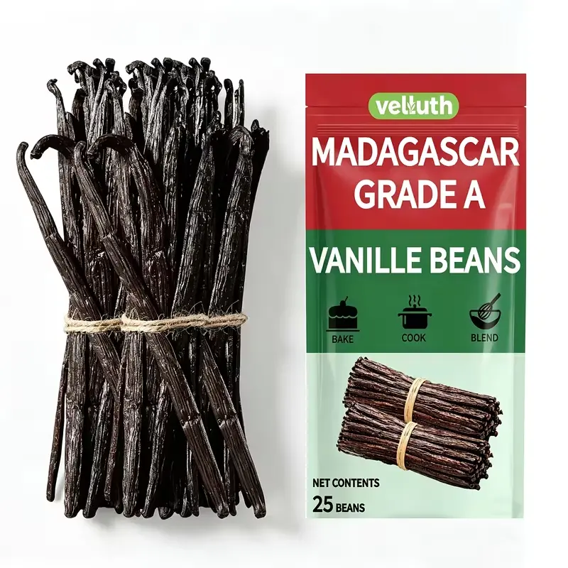 25 Madagascar Vanilla Beans, Grade A Gourmet Whole Vanilla Pods for Vanilla Extract, Cooking & Baking, Natural Premium Spice for Ice Cream, Cakes, Caramel, Candy & Desserts