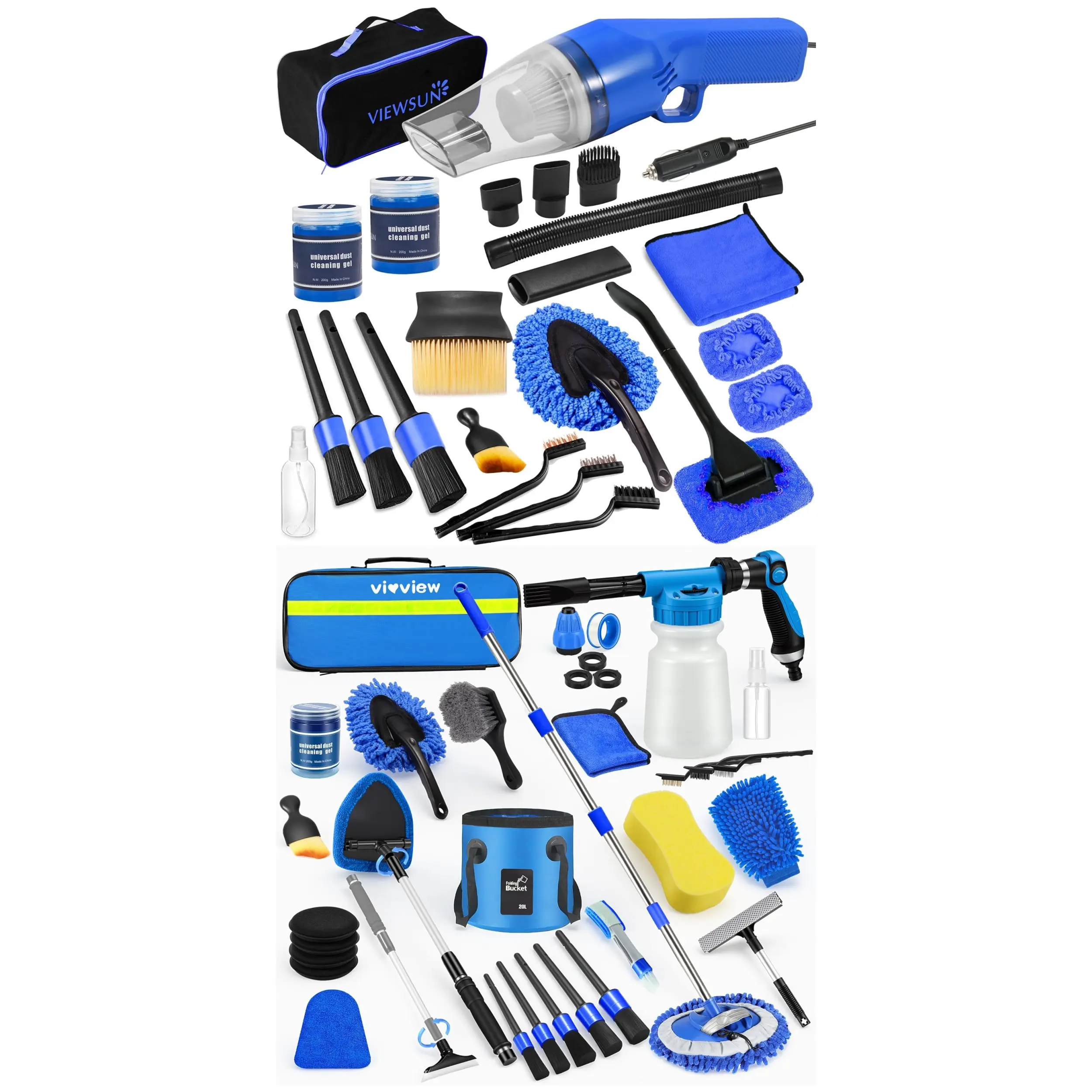 Viewsun 54PCS Complete Car Care Bundle, Car Interior Detailing Kit with High Power Handheld Vacuum, Car Wash Kit with Foam Gun, Long Handle Wash Mop, Collapsible Bucket & Cleaning Accessories