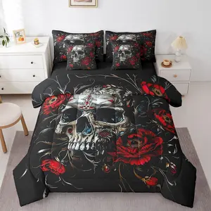 Candy Skull 7 Piece Bedding Set,Flower Skeleton Bed in a Bag,Halloween Gothic Bed Set,Includes Comforter,Sheet Set,Pillowcases & Pillow Covers All Season Bedroom Decor