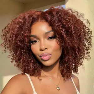 UNice 250% Density Reddish Brown Fluffy Layer Kinky Curly with Burmese Curly Ends Wig No Slip Glueless Pre-cut 7x5 HD Lace Closure Human Hair Wigs with Layer Finger Coil Ends 16inch Beginners Friendly Natural Looking #tiktokshopmemorialday summerwins