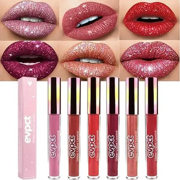 6Pcs Matte to Glitter Liquid Lipstick Set - Diamond Dark Red Pink Purple Mauve - Sparkly Glossy Metallic Shimmer - Waterproof Lipstick Lip Gloss for Women - Cosmetic, Makeup Daily Gift