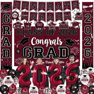 Graduation Decorations Class of 2026 - Maroon Graduation Party Supplies Congrats Grad Backdrop & Banner, Hanging Swirls, Porch Sign, Balloons for High School & College Celebrations