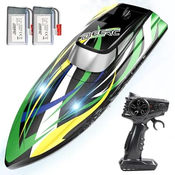 DEERC Fast RC Boat for Kids, 25+KPH, Capsize Recovery,24+ Mins | High Speed Remote Control Boat with LED Lights, 2xLi-ion Batteries, 2.4GHz Racing Boat for Pool & Lake TX626