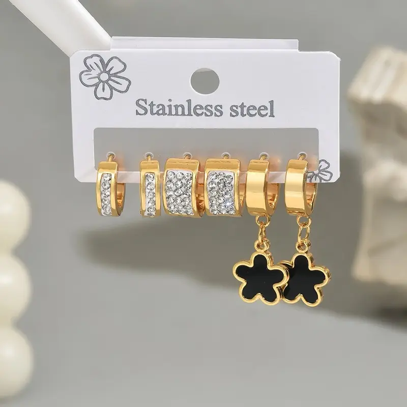 Stainless Steel Crystal Row Full Rhinestone Black Flower Dangle Huggies Set Waterproof Durable Lightweight Earrings