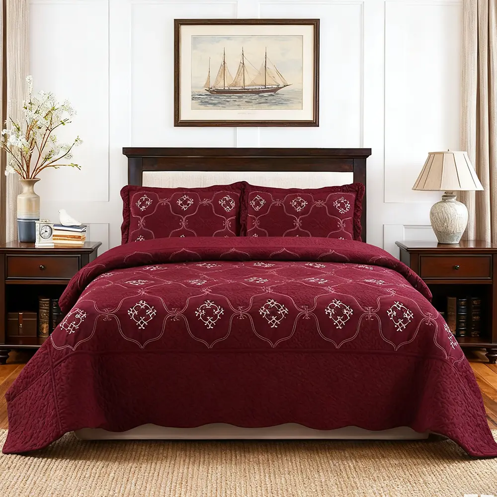 3 Pcs Luxury Oversize Quilt Bedspread Set - All-Season, Soft-Touch, Breathable, Embroidered, Scallop-Edged, Solid-Color Bedding Sets for Master Bedroom Home Decor, Wrinkle-Resistant for Bed, Sofa