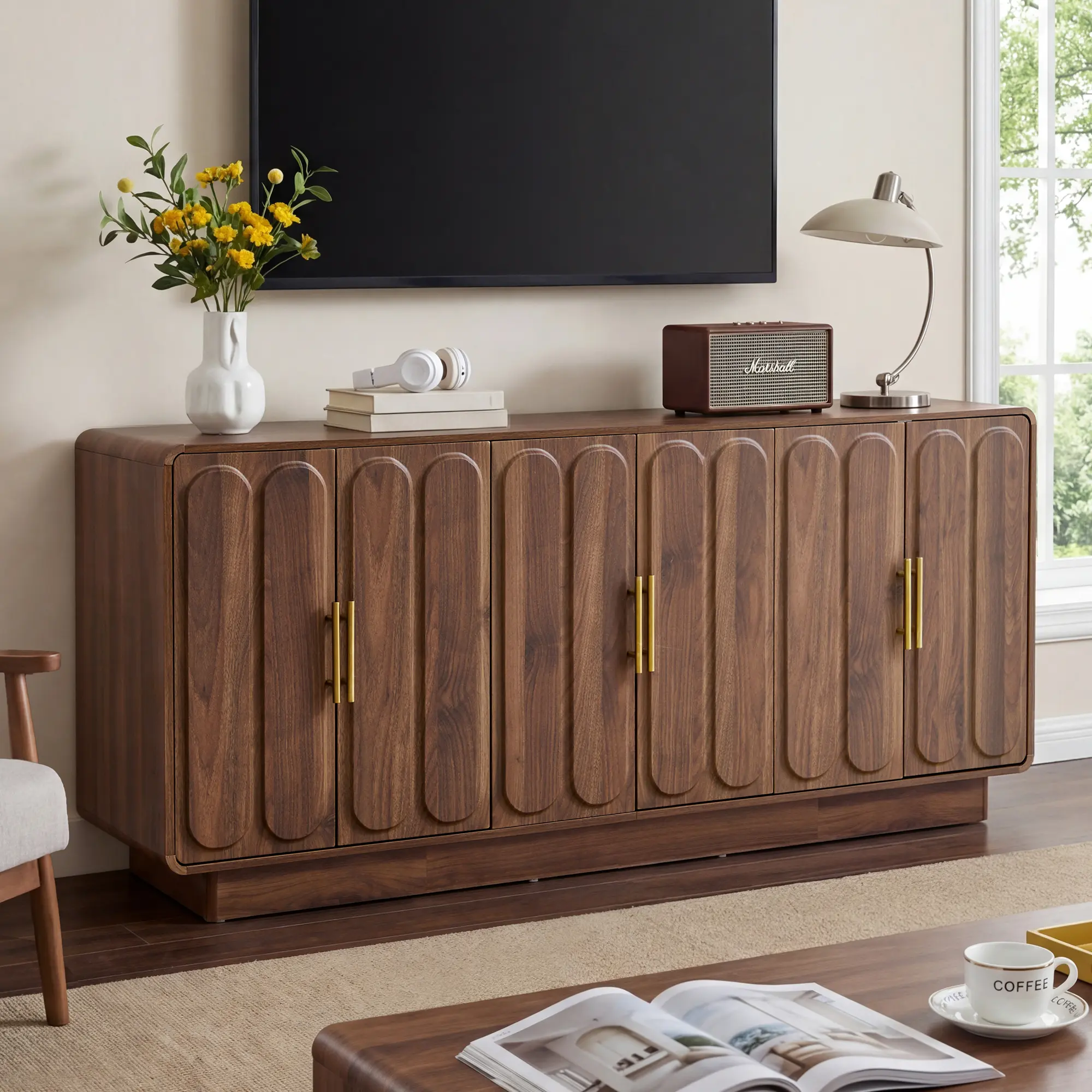 Giratree 63in Wood Sturdy Buffet - TV Stand, Coffee Bar, Living Room Storage Solution with 6 Arched Doors & Adjustable Shelves for Dining Room, Entryway