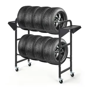 Adjustable Heavy-Duty Rolling Tire Storage Rack – 2-Tier Steel Shelf Organizer for Garage – Locking Swivel Casters for Mobility – Fits SUV & Truck Tires – 500lb Capacity