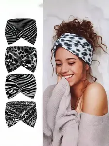 4 Pcs Boho Cross-Tied Wide Headbands, Leopard Zebra Print Non-Slip Elastic Hair Bands, Women's Sports Daily Accessories, Yoga Gym Running Party